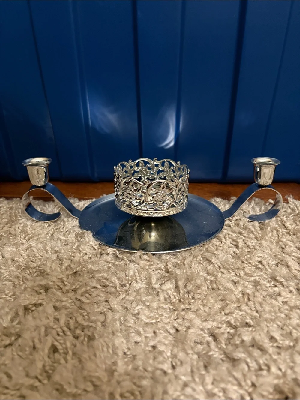 Silver Filigree Unity Candle Holder-Double-Arm Candle Holder with Center Votive